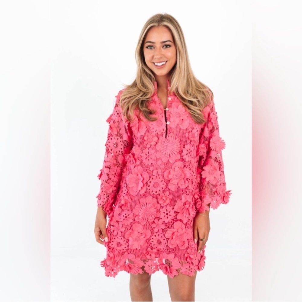 NWT J.Marie Seraphina Floral 3D Lace Split Round Button Up Neck Shift Dress Sz M - Picture 2 of 13